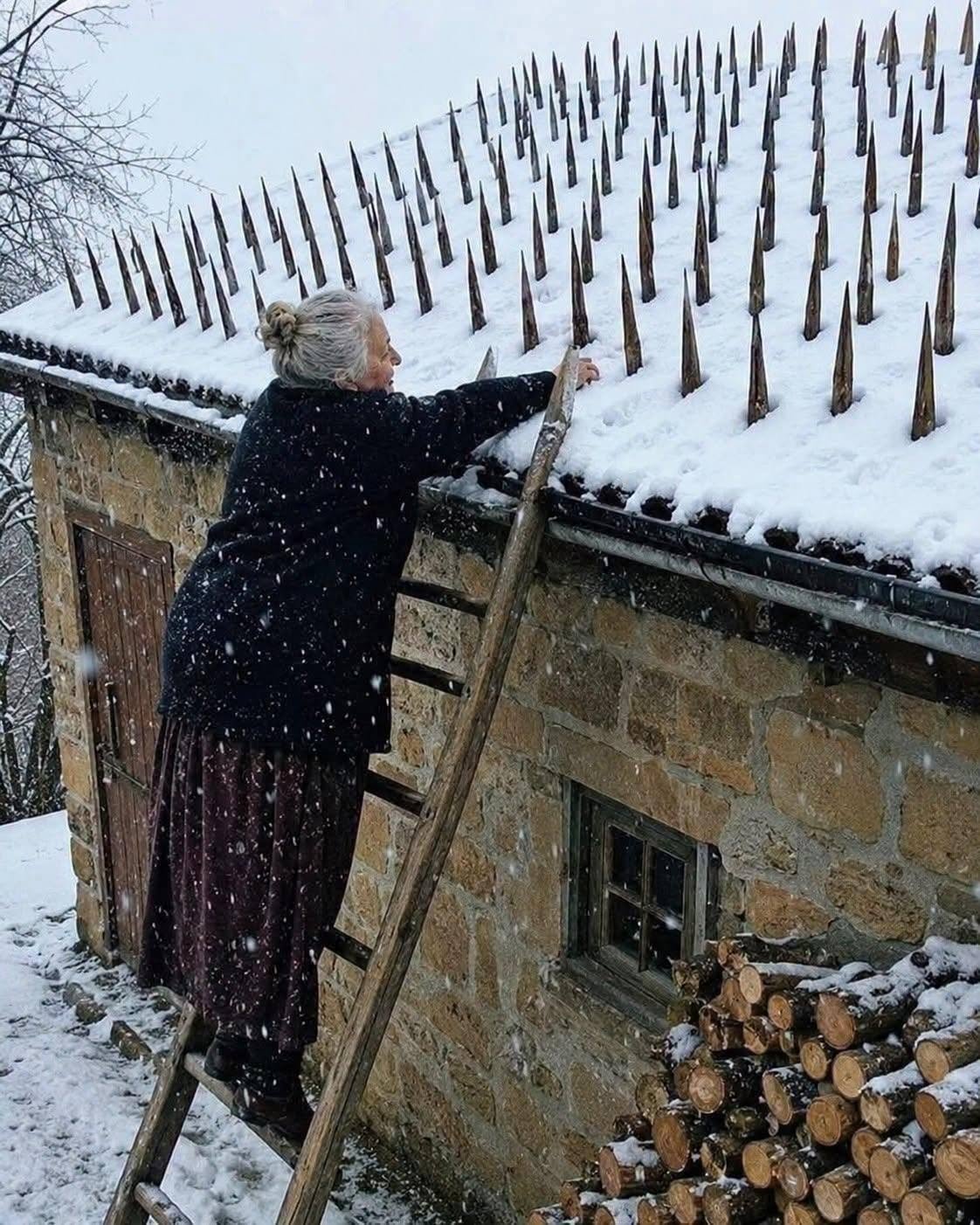An elderly woman spent the whole summer and autumn fixing sharp wooden stakes across her roof
